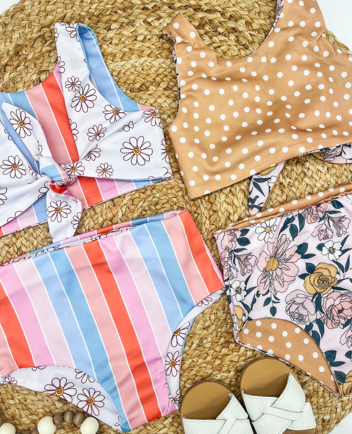 RTS: Rainbow Stripe & Vintage Floral Reversible Swimsuits