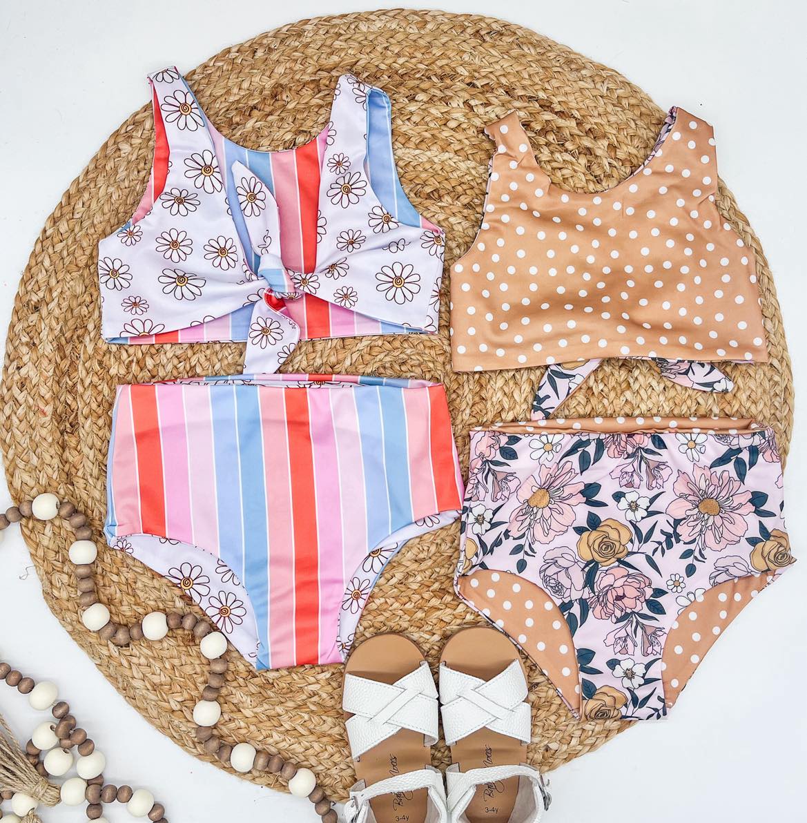 RTS: Rainbow Stripe & Vintage Floral Reversible Swimsuits