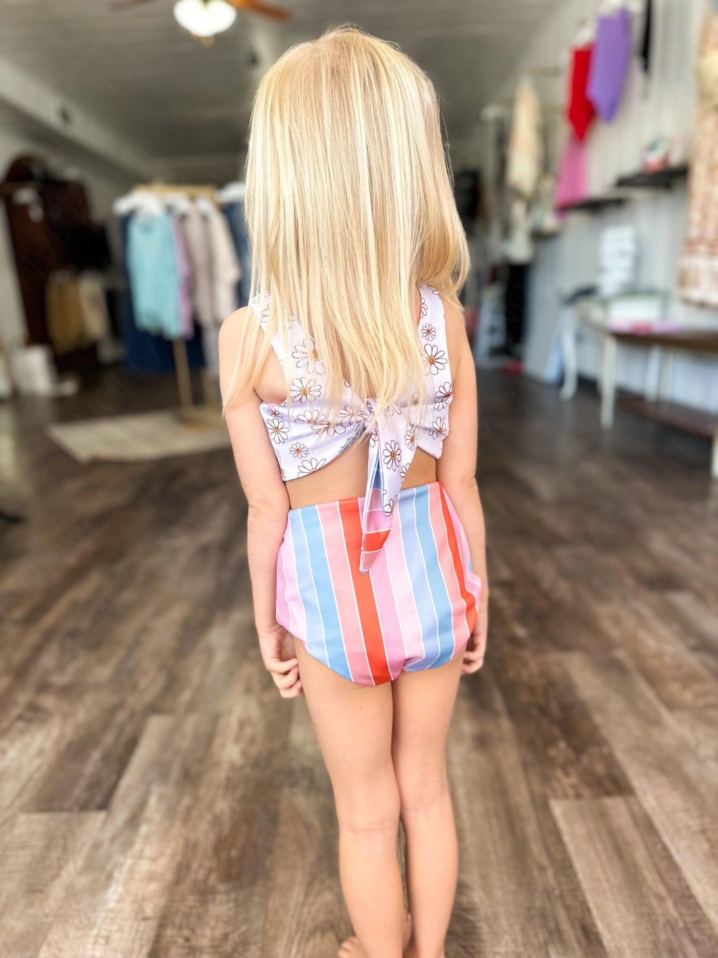 RTS: Rainbow Stripe & Vintage Floral Reversible Swimsuits