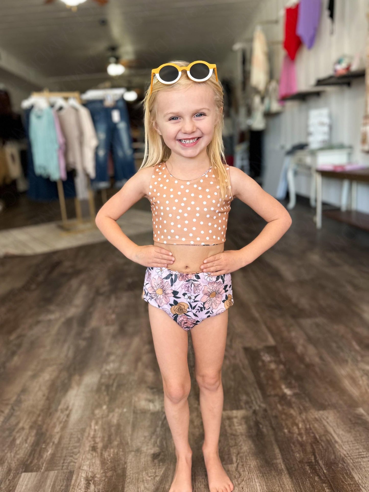 RTS: Rainbow Stripe & Vintage Floral Reversible Swimsuits