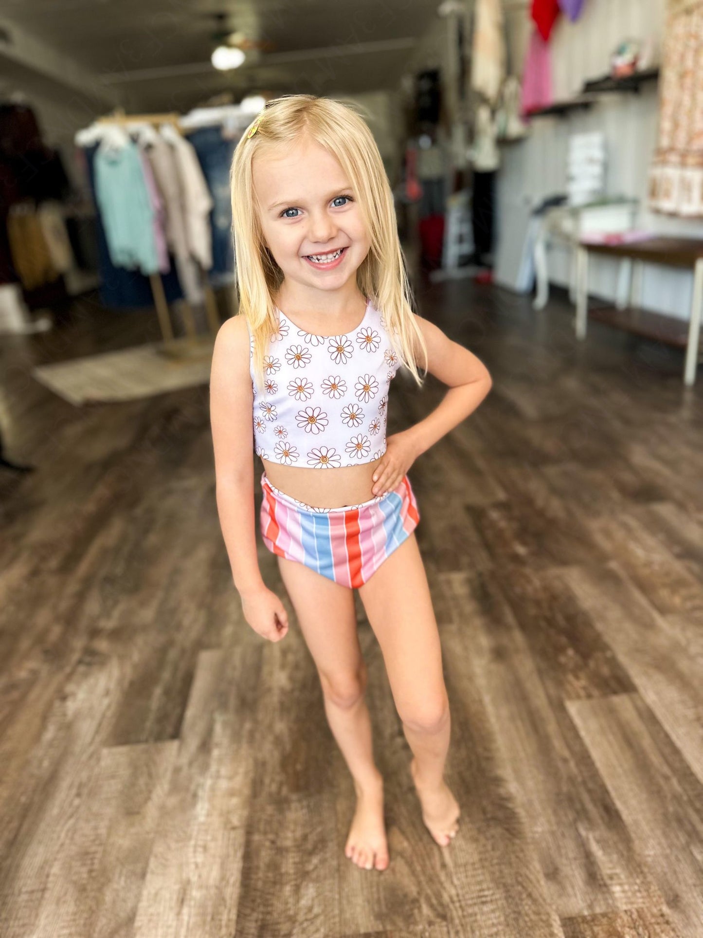 RTS: Rainbow Stripe & Vintage Floral Reversible Swimsuits