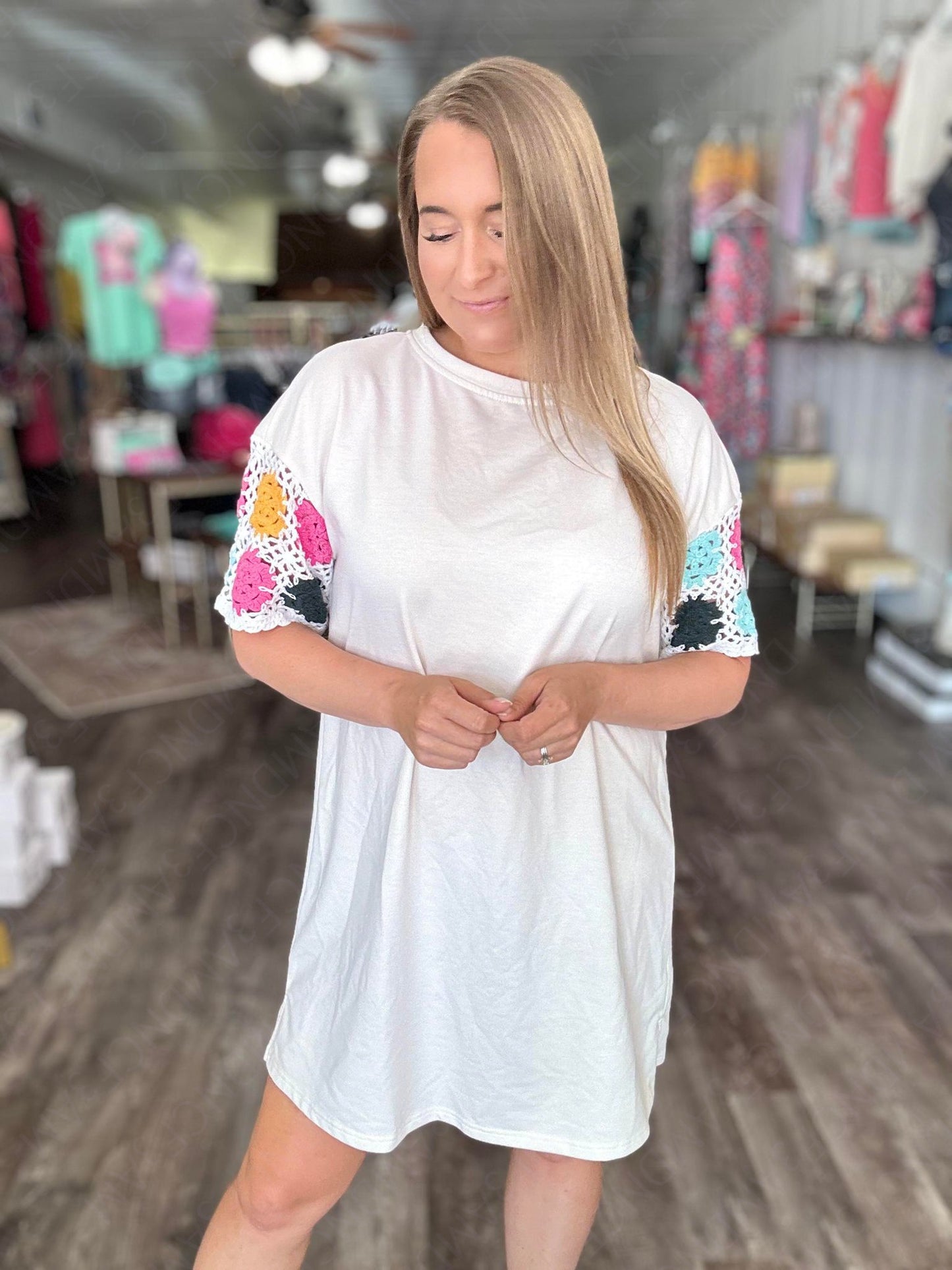 RTS: The Nina Crochet Sleeve Neutral T-Shirt Dress-