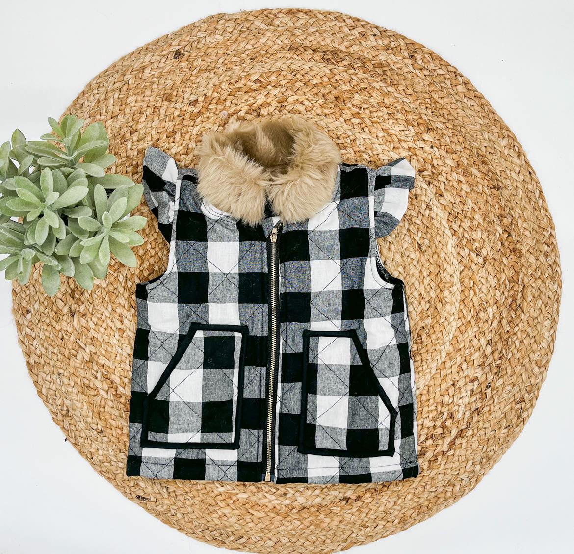 RTS: Buffalo Plaid Ruffle Sleeve Vest-