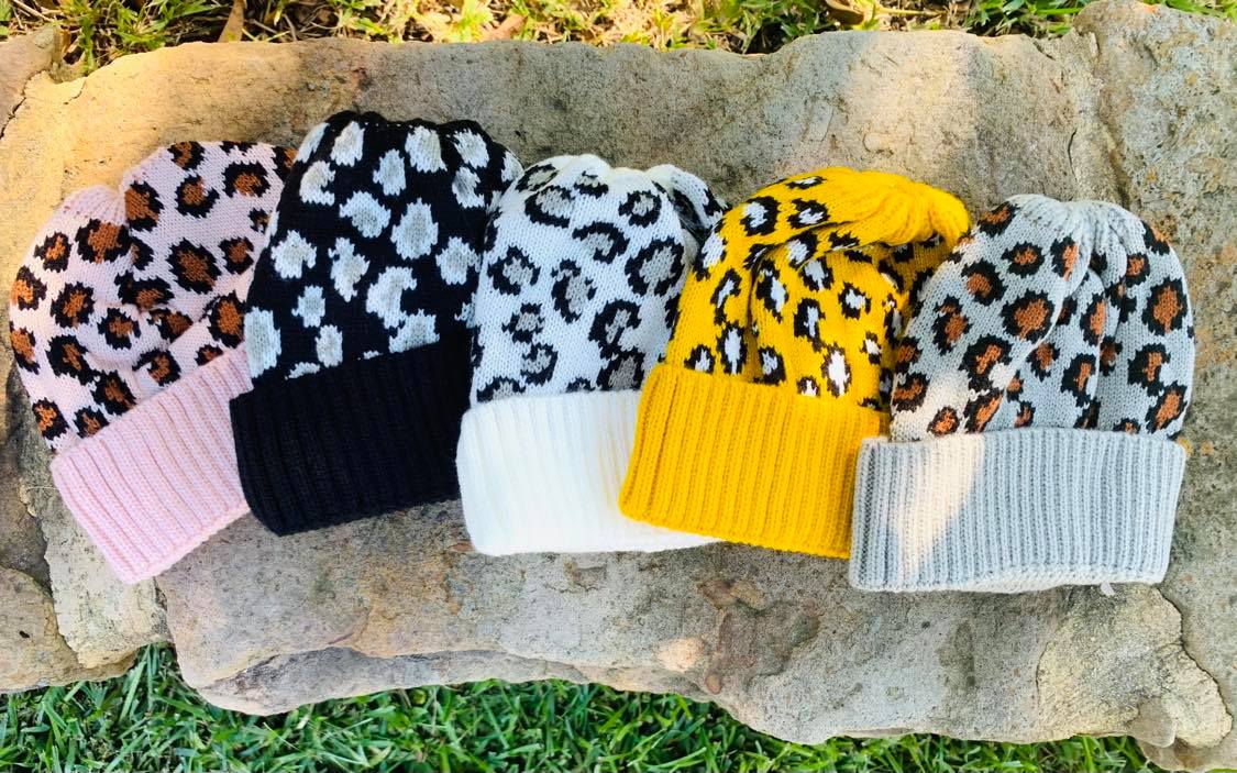 RTS: LEOPARD KNIT BEANIE HATS- MESSY BUN/PONY STYLE-
