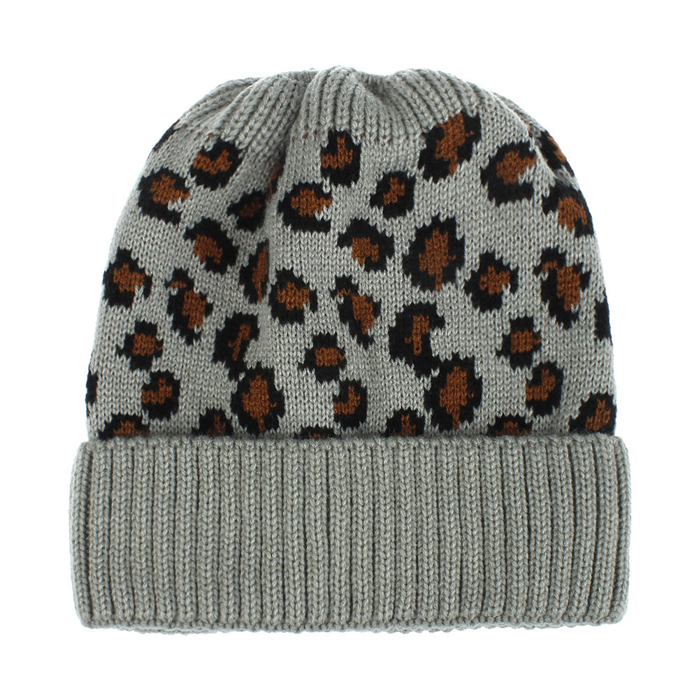 RTS: LEOPARD KNIT BEANIE HATS- MESSY BUN/PONY STYLE-