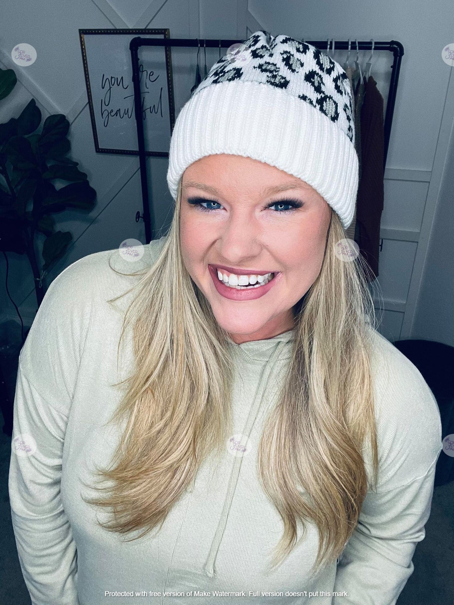 RTS: LEOPARD KNIT BEANIE HATS- MESSY BUN/PONY STYLE-