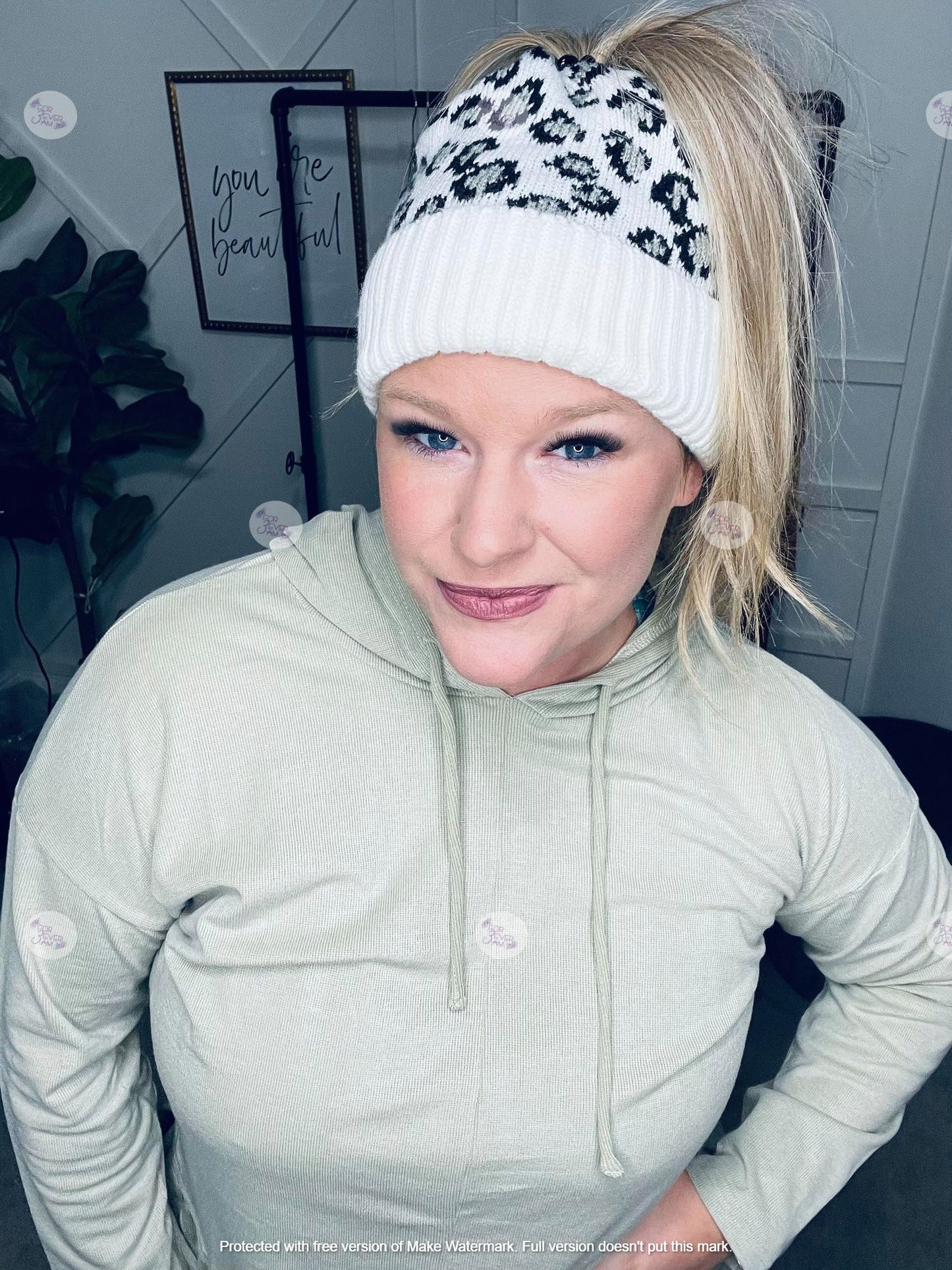 RTS: LEOPARD KNIT BEANIE HATS- MESSY BUN/PONY STYLE-