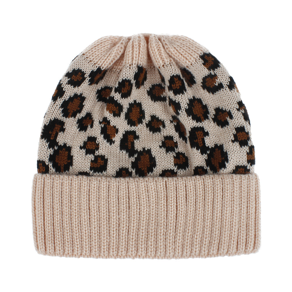 RTS: LEOPARD KNIT BEANIE HATS- MESSY BUN/PONY STYLE-