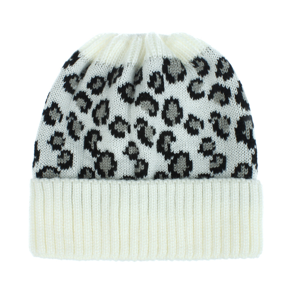 RTS: LEOPARD KNIT BEANIE HATS- MESSY BUN/PONY STYLE-