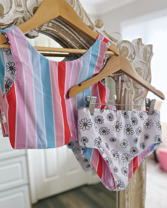RTS: Rainbow Stripe & Vintage Floral Reversible Swimsuits