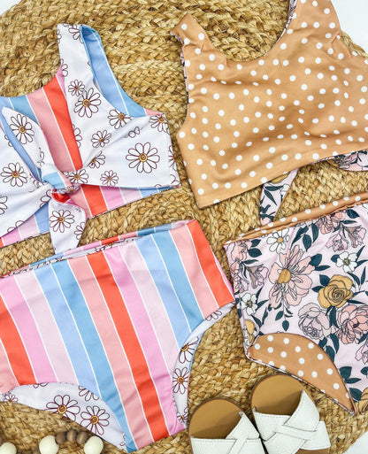RTS: Rainbow Stripe & Vintage Floral Reversible Swimsuits