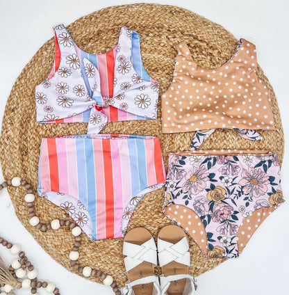 RTS: Rainbow Stripe & Vintage Floral Reversible Swimsuits