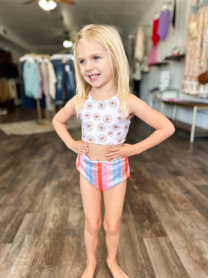 RTS: Rainbow Stripe & Vintage Floral Reversible Swimsuits