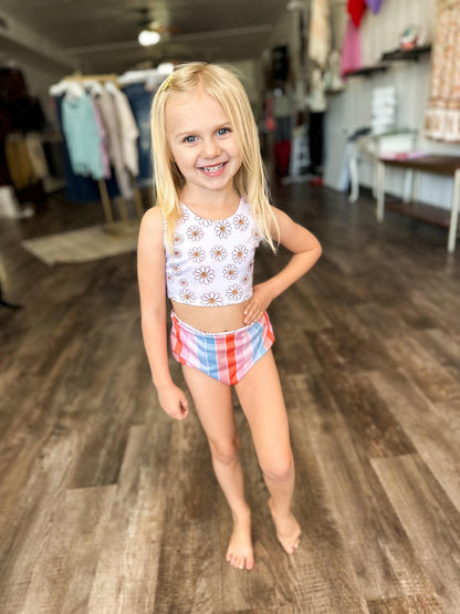 RTS: Rainbow Stripe & Vintage Floral Reversible Swimsuits