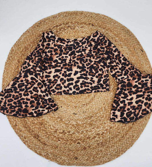 RTS: Leopard Print Crop Bell Sleeve Shirt-