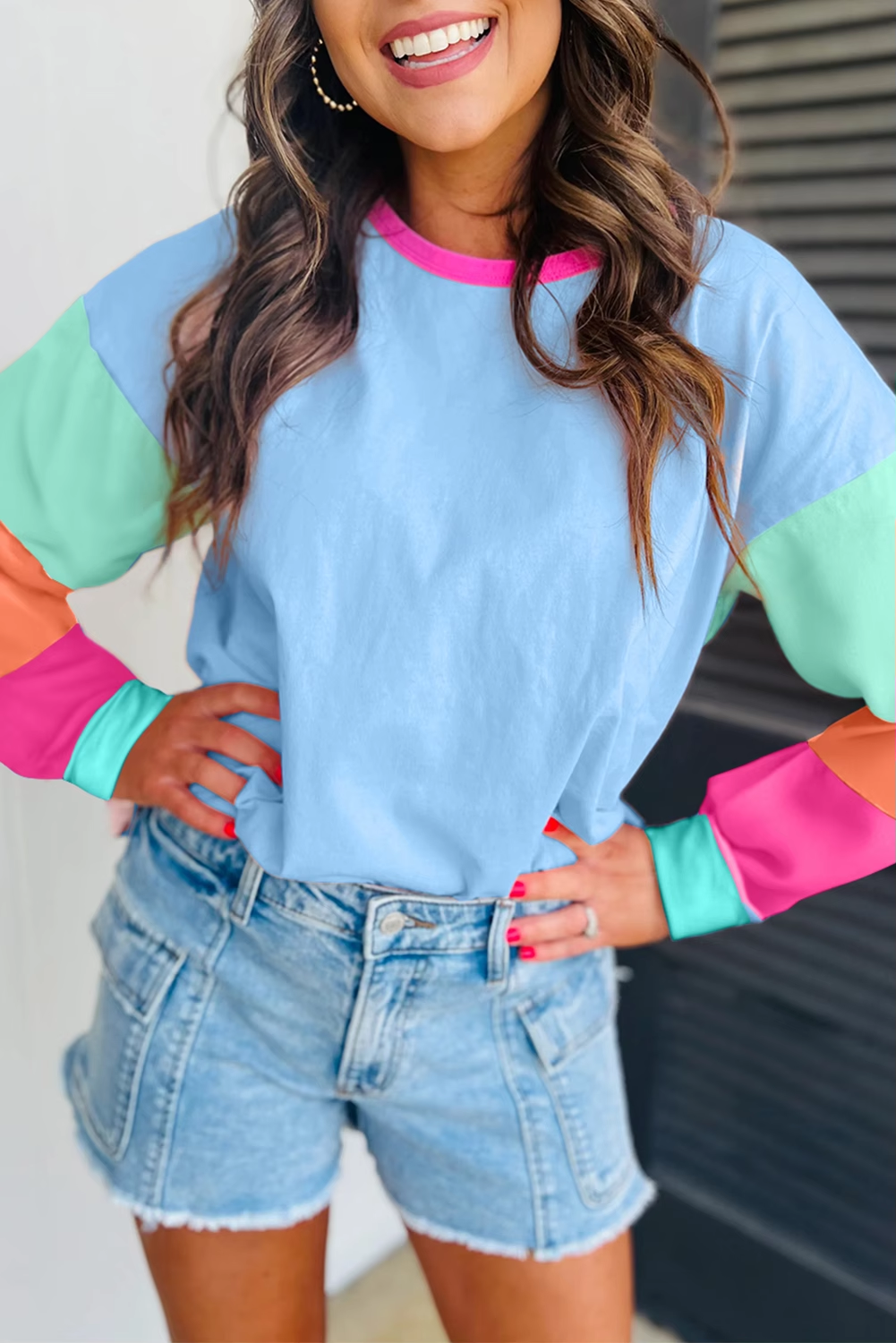 RTS: Blue Molly Lightweight Color Block Long Sleeve