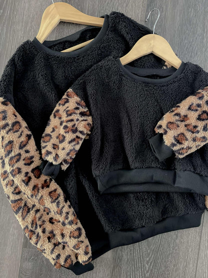 RTS: FUZZY LEOPARD SLEEVE MAMA AND ME SWEATER-