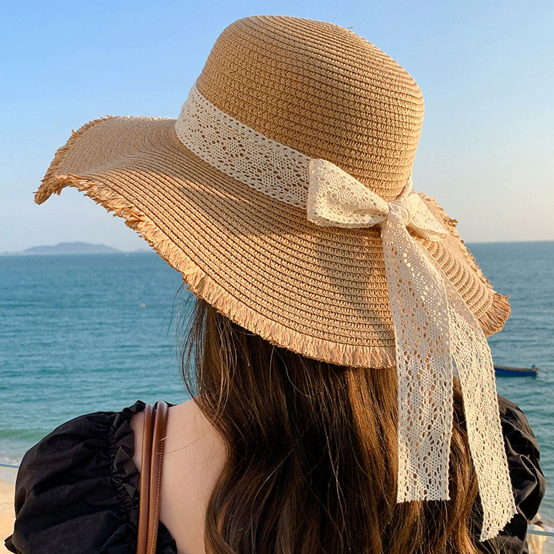 RTS: Straw Sunhat with Lace Ribbon-