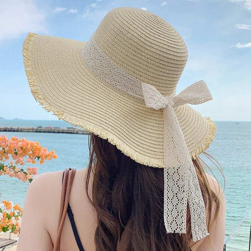 RTS: Straw Sunhat with Lace Ribbon-