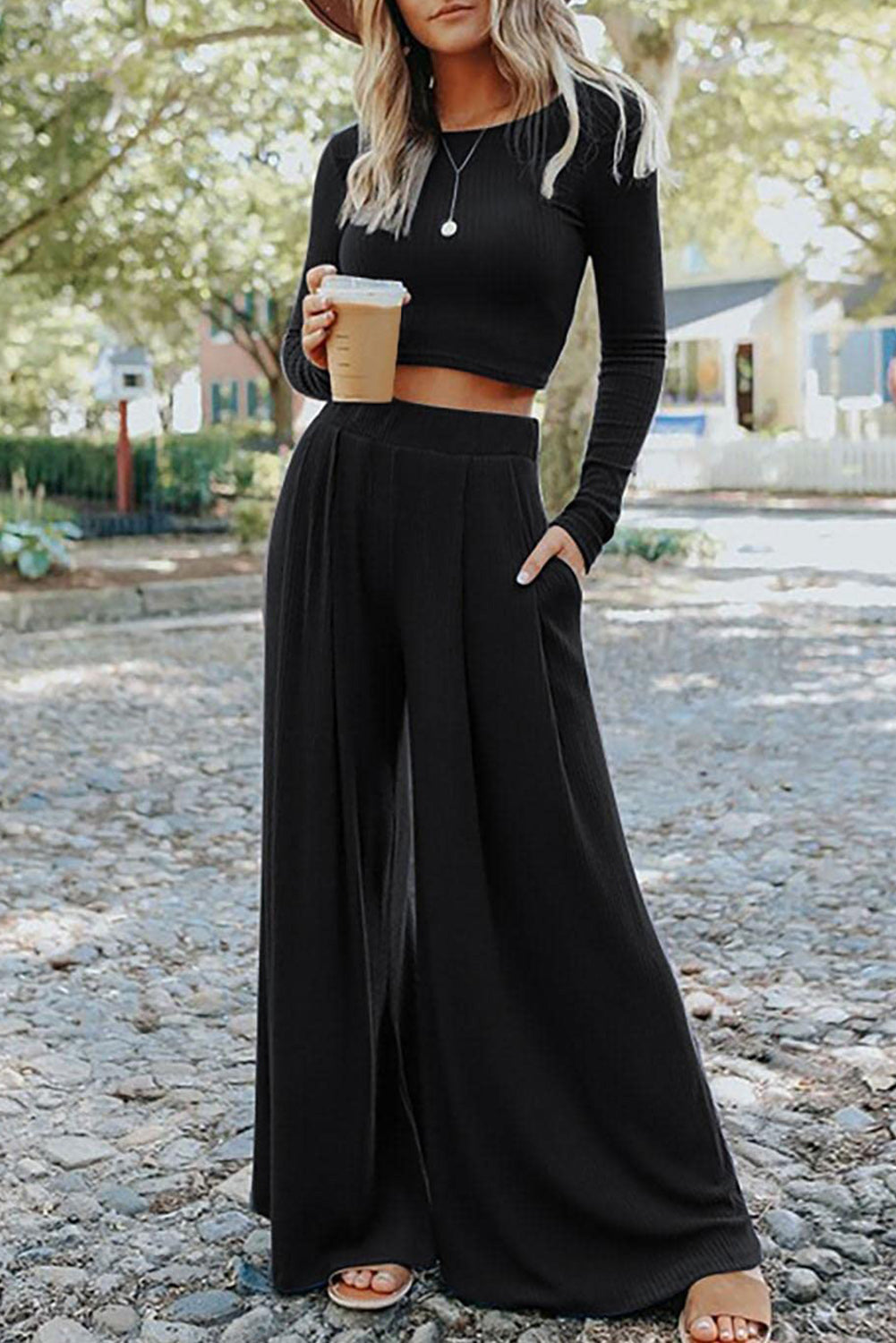 RTS: The Kat Long Sleeve Crop and Wide Leg Pant Set-