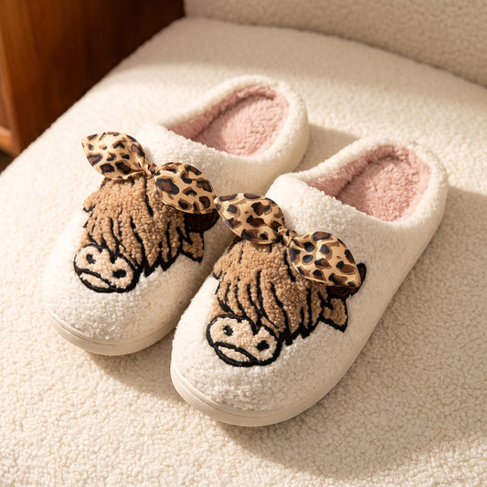 PREORDER: Highland cow with leopard bow slippers  8.17.26