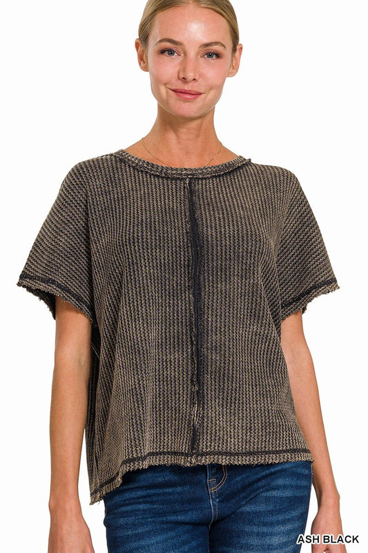 RTS: Zenana Washed Baby Waffle Short Sleeve Top