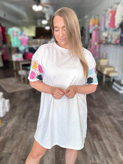 RTS: The Nina Crochet Sleeve Neutral T-Shirt Dress-
