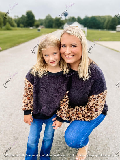 RTS: FUZZY LEOPARD SLEEVE MAMA AND ME SWEATER-