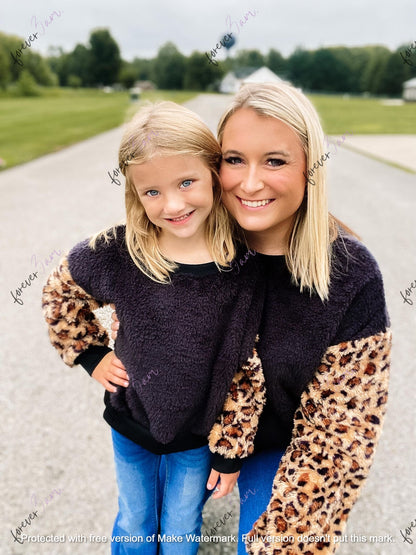 RTS: FUZZY LEOPARD SLEEVE MAMA AND ME SWEATER-