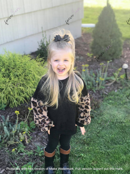 RTS: FUZZY LEOPARD SLEEVE MAMA AND ME SWEATER-