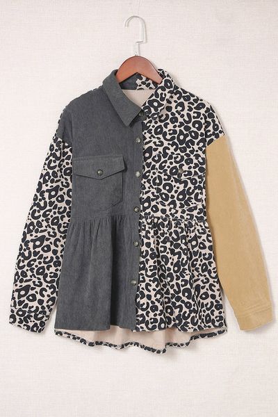 RTS: Half Leopard Baby Doll Corded Shacket-