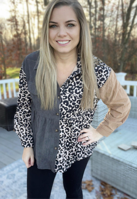 RTS: Half Leopard Baby Doll Corded Shacket-
