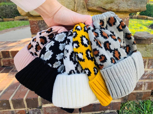 RTS: LEOPARD KNIT BEANIE HATS- MESSY BUN/PONY STYLE-