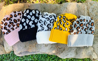 RTS: LEOPARD KNIT BEANIE HATS- MESSY BUN/PONY STYLE-