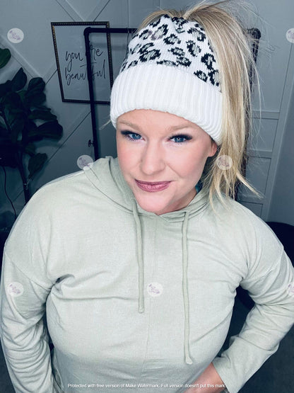 RTS: LEOPARD KNIT BEANIE HATS- MESSY BUN/PONY STYLE-