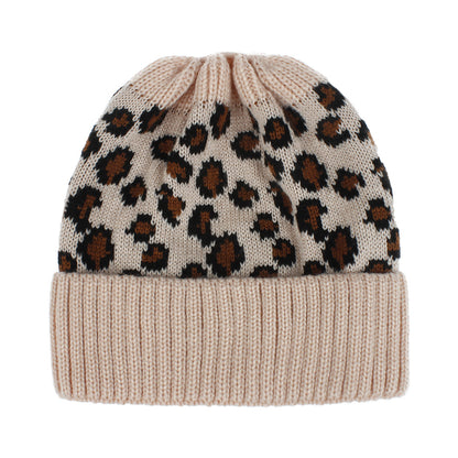 RTS: LEOPARD KNIT BEANIE HATS- MESSY BUN/PONY STYLE-